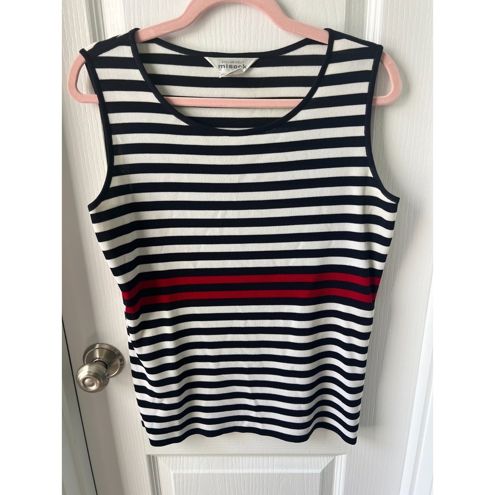 Exclusively Misook Womens Sleeveless Top Black Off‎ White Red Stripe Size XL